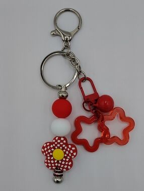 Handcrafted Red Floral Bead Keychain/Bag Charm with Star Accent
